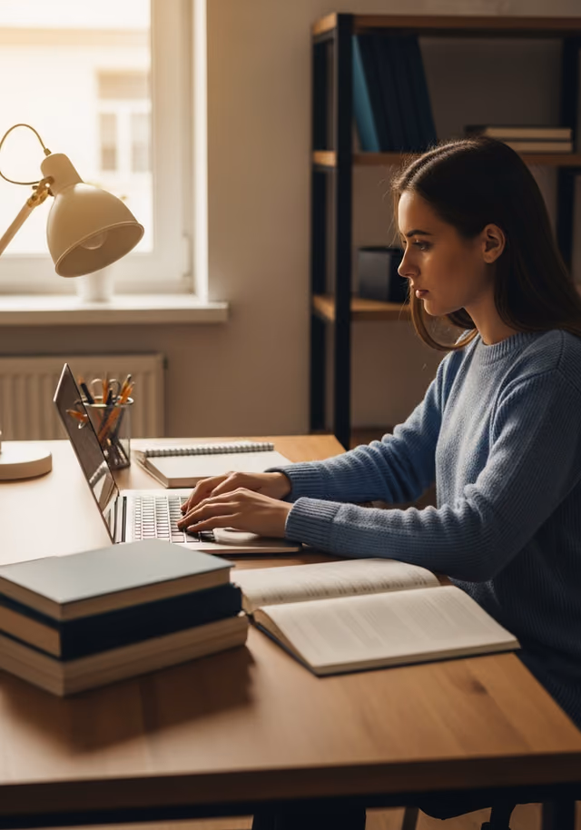 Estudiante con portátil nuevo abierto sobre escritorio con materiales universitarios